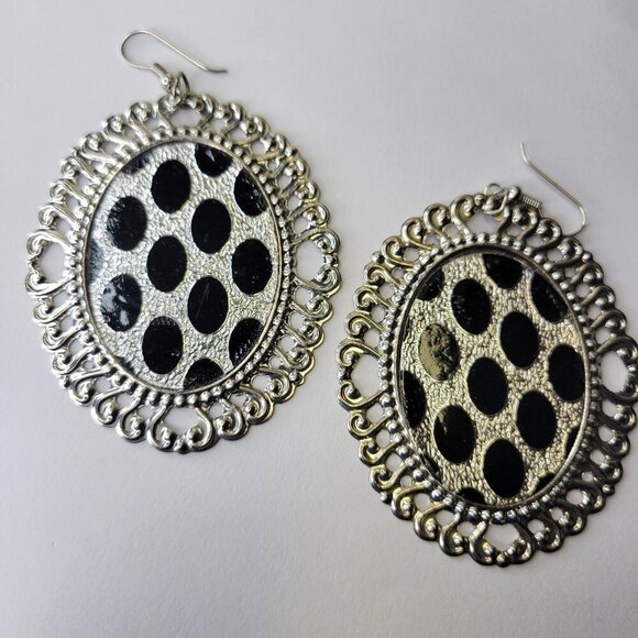Silve and Black Oval Earrings Gold Filigree Oval Earrings Large Glitter Earrings - Picture 1 of 5